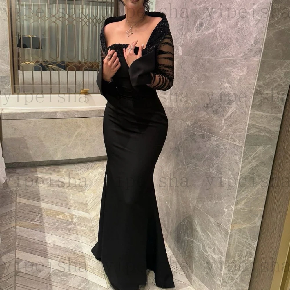 فساتين سهرة رسمية بحورية البحر بياقة مربعة مخصصة وأكمام طويلة بطول الأرض مزينة بالترتر والدانتيل للحفلات الراقصة #5