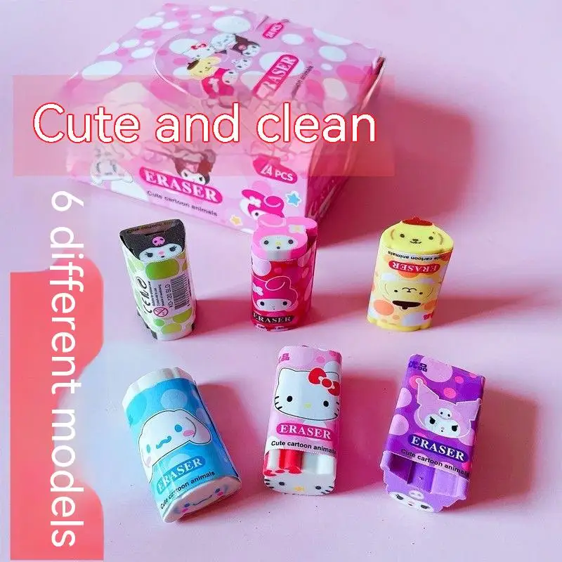 Sanrio Cartoon Rubber Eraser para crianças, fofo, Kuromi, Cinnamoroll, Hello Kitty, Kawaii Strip, cutable, papelaria escolar, 12 pcs, 24pcs