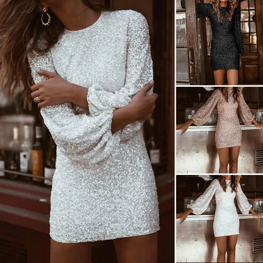 

Chic Mini Dress Lantern Long Sleeves Clubwear Above Knee Length Sexy Pure Color Mini Stretchy Bodycon Dress