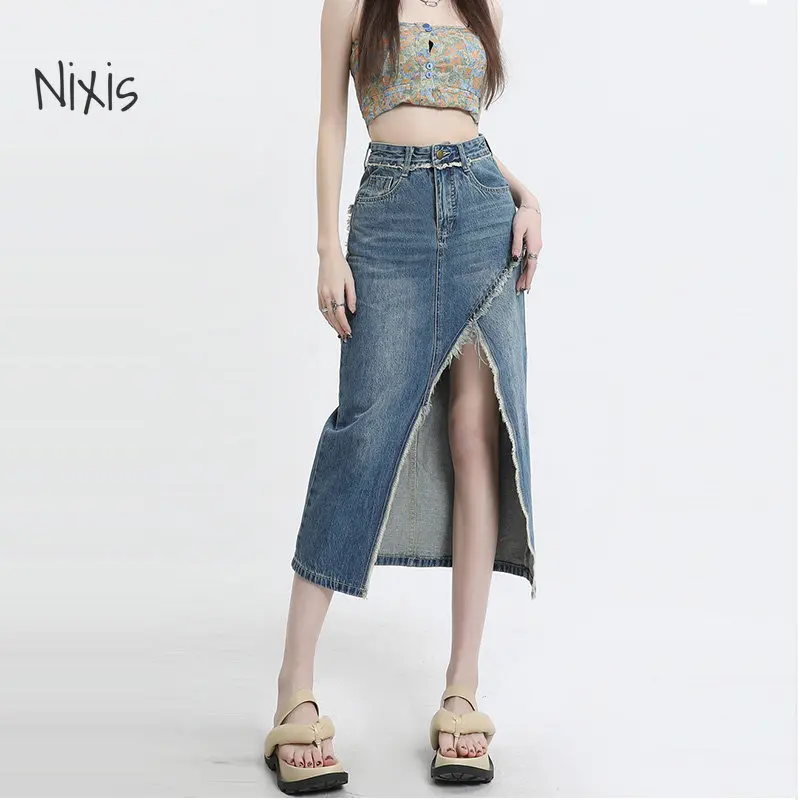 

Retro High Waist Irregular Slit Denim Skirt for Women Summer Sexy Medium Length A-Line Jeans Skirt Fashion Streetwear Y2k Female