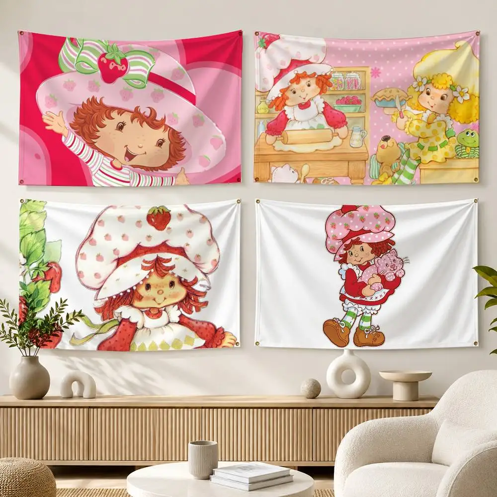 CUTE S-Strawberry S-Shortcake  Flags Wall Hanging Background Art Banner for Bedroom Home Outdoor Decor
