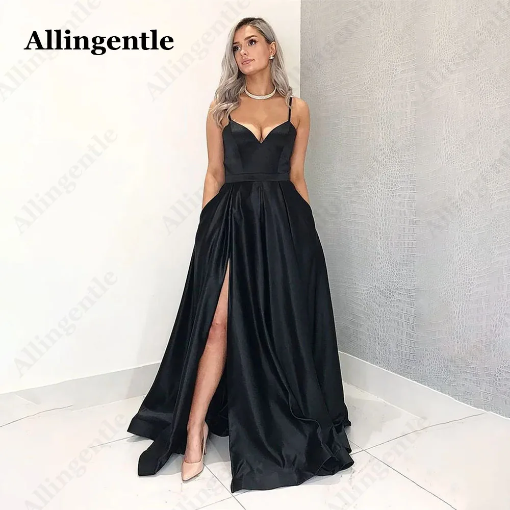 

Allingentle Sexy Black Deep V-Neck Side Slit Evening Dress Simple Floor Length Spaghetti Strap Prom Gown for Woman with Pocket