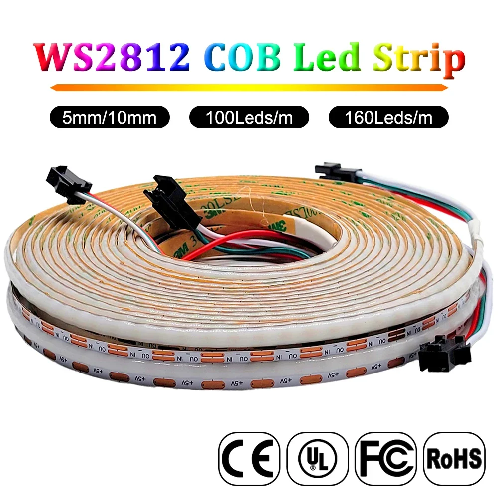 Flexible WS2812B COB LED Strip 5mm 10mm High Density 100 160LEDs/m Smart RGB Dream Color Light Individually Addressable for DIY