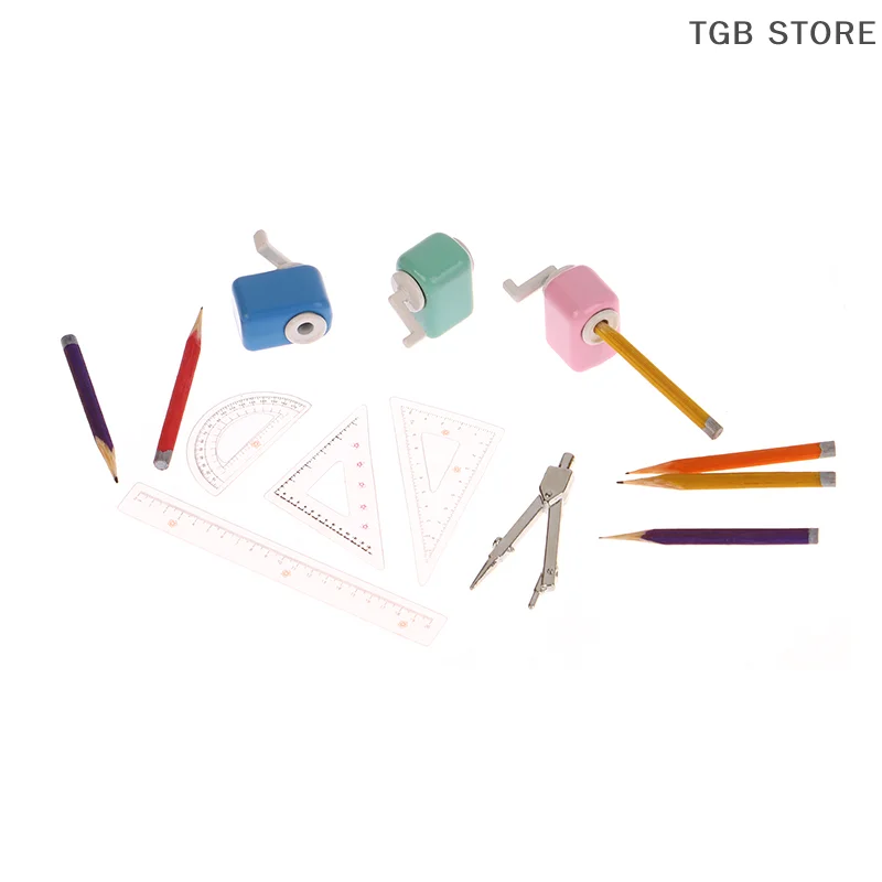 Mini Pencil Sharpener Pencil Compass Ruler 1:12 Dollhouse Simulation Dollhouse Study Room Stationery Learning Scene Decoration