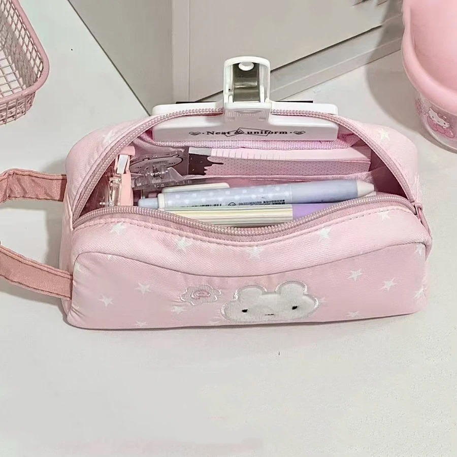 Multifunctional Pink Pen Bag Star Rabbit Pattern Handheld Pencil Case Zipper Design Large Capacity Stationery Organizer Students image 4
