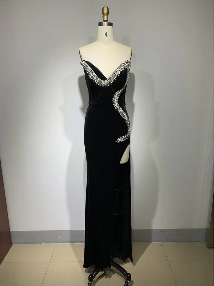 Summer Women Sexy Strapless Backless Crystal Velvet Black Maxi Long Bodycon Gowns Dress Evening Club Party Dress