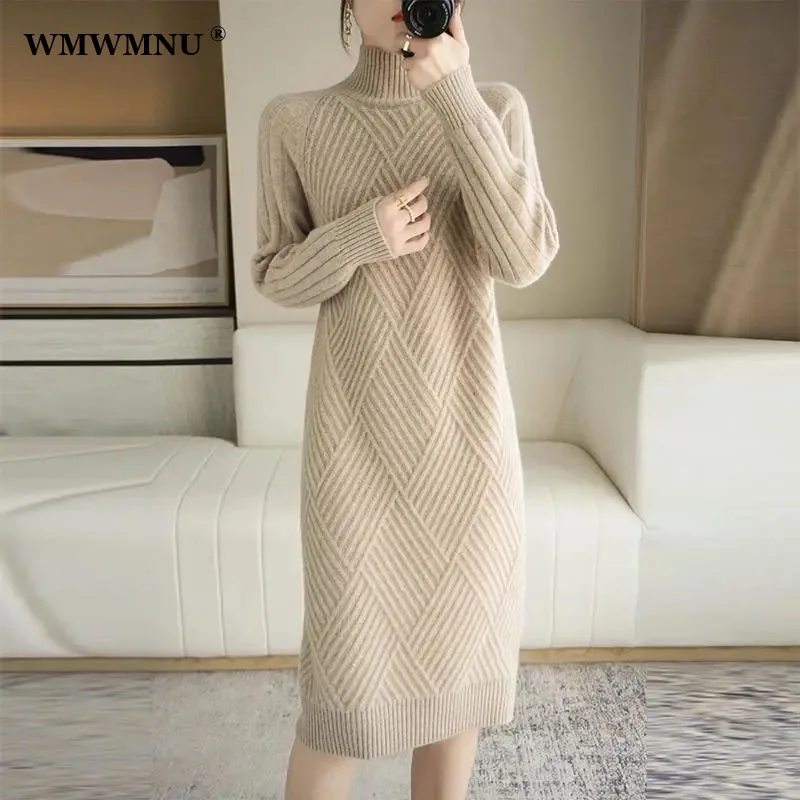 Autumn Winter Warm Knitted Turtleneck Sweater Dress Straight Women Elegant Midi Dresses Korean Long Sleeve Bottoming Vestidos