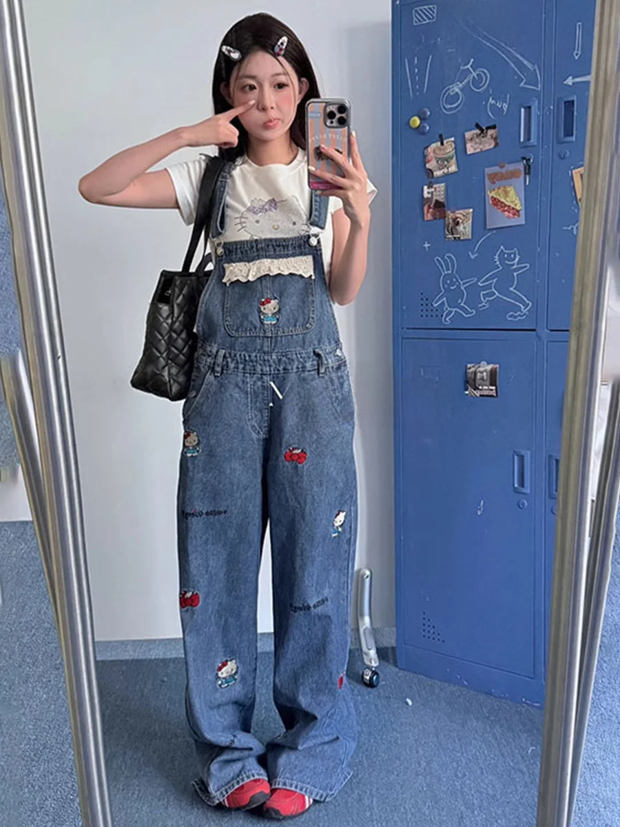 

Весенне-летние женские свободные прямые джинсовые комбинезоны HelloKit, милые возрастные хлопковые эластичные широкие брюки с высокой талией