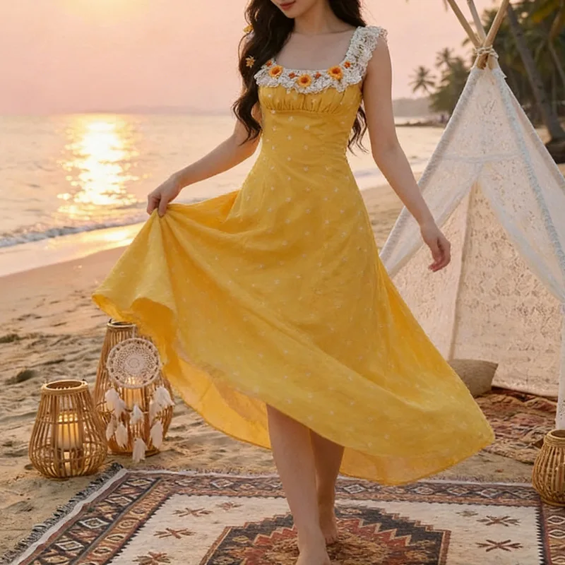 Rustic Style Yellow Lace Splicing 3D Flower Strap Dress Women's High-End A-Line Long Dress Floral Print Maxi Dress for Young ...