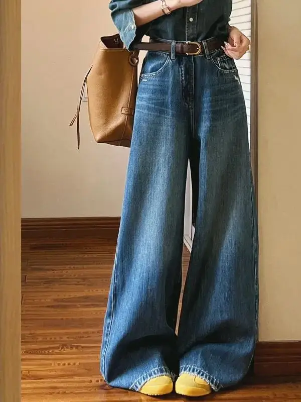 

Retro Faded High Waist Wide Leg Jeans Women's Casual Loose Slim Straight Pants High Street Floor-Length Long Trousers
