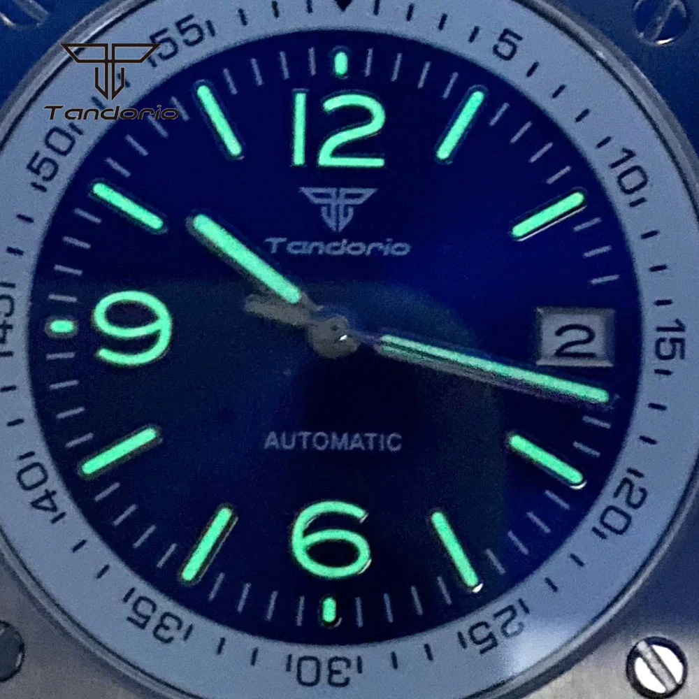 Tandorio NH35A Steel Square Automatic Watch for Men Sapphire Crystal 42mm Mechanical Wristwatch Transparent Back Green Luminous