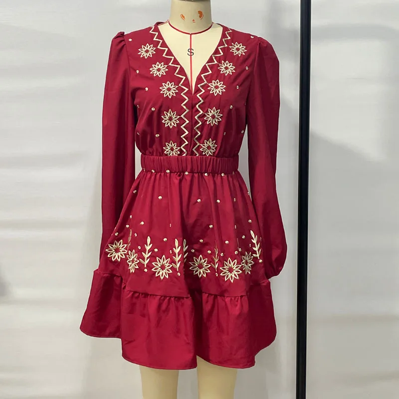 Fashion Long Sleeve Embroidery Dresses for Women Slim V-Neck Women Dress Black A-LINE Dress Women Vestidos De Verano Mujer Q442
