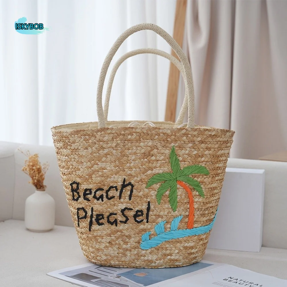 

Handmade Grass Woven Tote Bag Solid Color Straw Woven Embroidery Handbag Large Capacity Hollow Beach Shoulder Bag Vacation