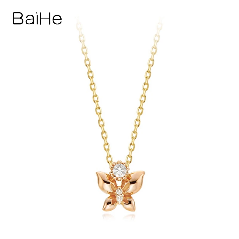 BAIHE Solid 14K Yellow+Rose Gold H/SI Natural Diamond Butterfly Necklace Women Trendy Fine Jewelry Making Collar mariposa