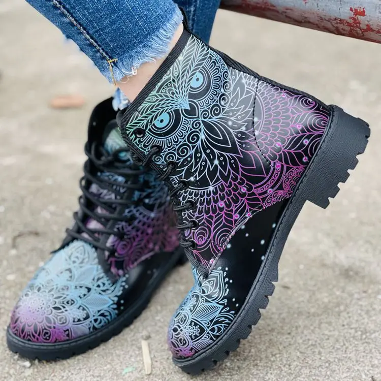 2024 Owl Lace-up Martin Boots Women's British Short Boots Autumn and Winter Matching Trend Low-heeled Round-toed Fashion Boots