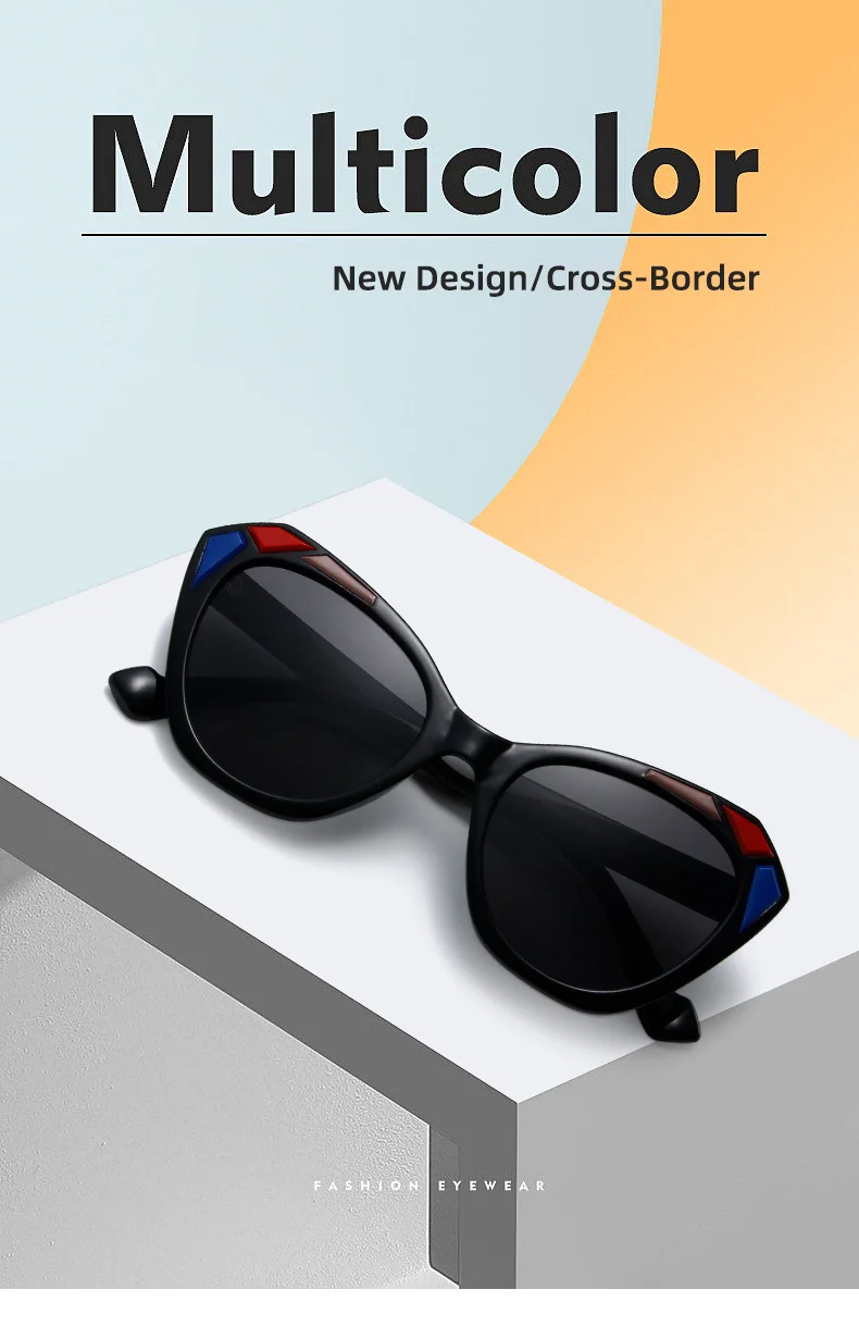 Retro British style cat eye sunglasses, trendy large frame color contrasting glasses, fashionable wearing sunglasses