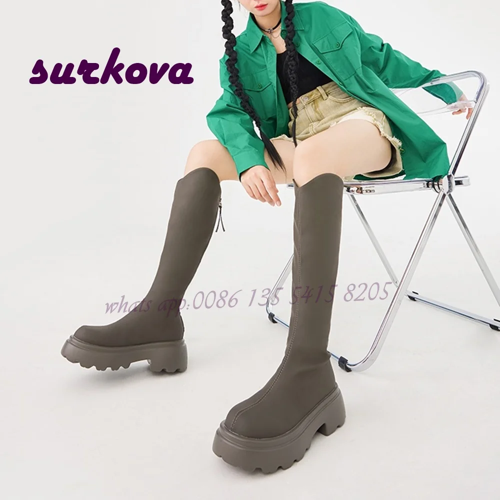 

Black Knee High Boots Round Toe Height Increasing Back Zipper Gear Solid Women's Boots Casual 2023 New Arrival Elegant Shoes