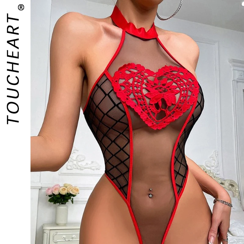 Toucheart lingerie sexy para mulheres bordados corações contraste cor exótica sexy sem costas malha retalhos transparente macacão novo