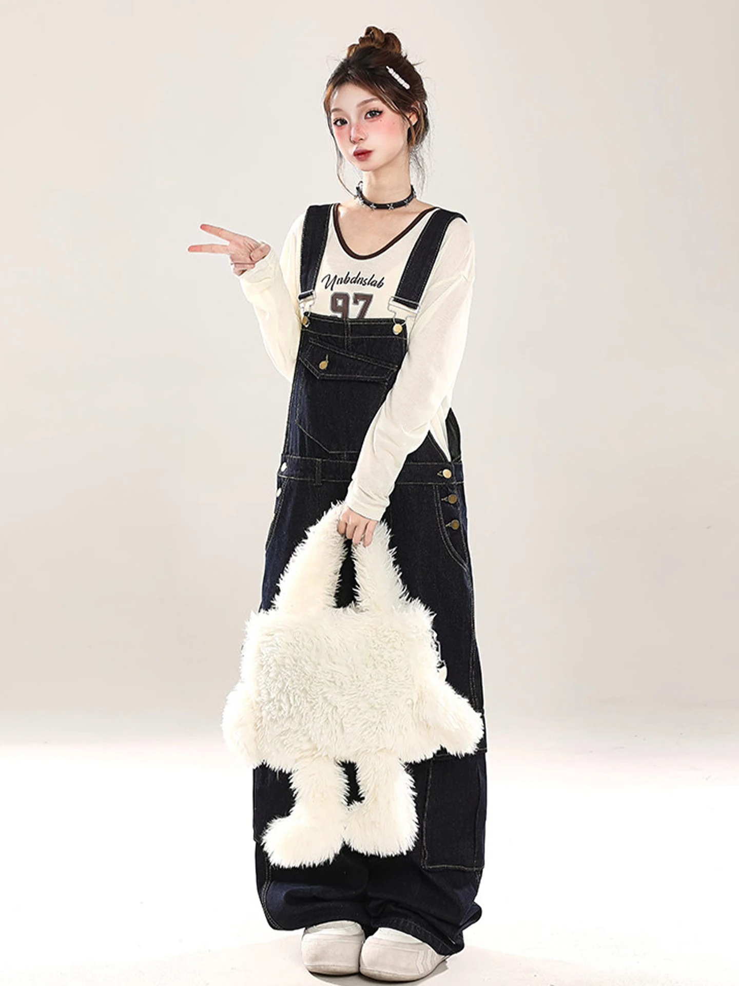 プラスサイズの女性の韓国スレデニムオーバーオールカーキ作業服パンツハイウエストストレートレッグ快適な通気性のある綿ブレンド