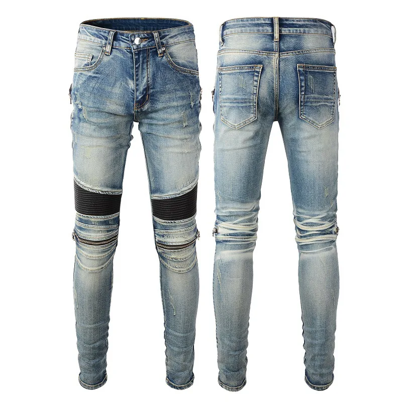 Men Biker Riding Jeans, High Street Streetwear Ripped Patchwork Denim Pants, Casual Motorcycle Trousers with Zipper Details