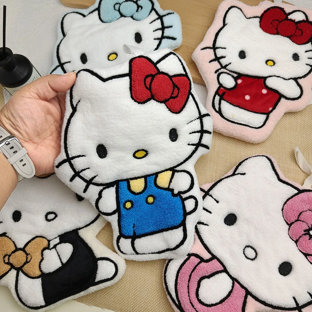 Hellokitty Kawaii Hand Towel Cartoon Hand Washing Towel Hanging Type Anime Double-Layer Thick Water-Absorbent Soft Coral Velvet