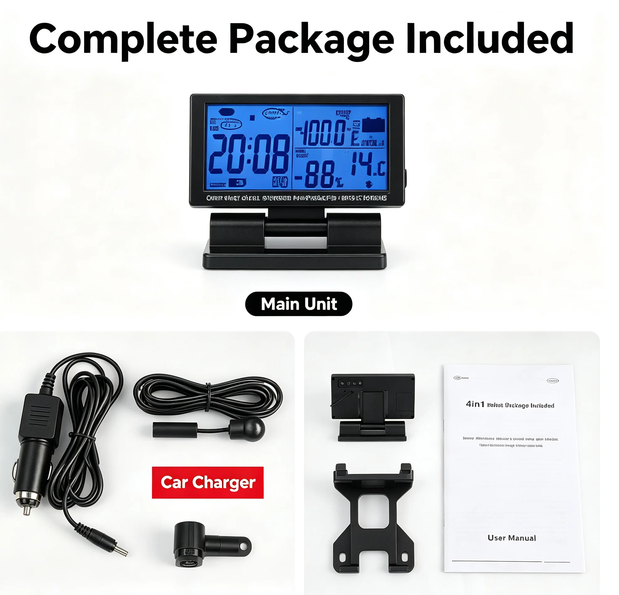 4 in 1 Car Clock Thermometer Hygrometer 12V LCD Voltage Monitor Blue Backlight Weather Forecast Dashboard Meter