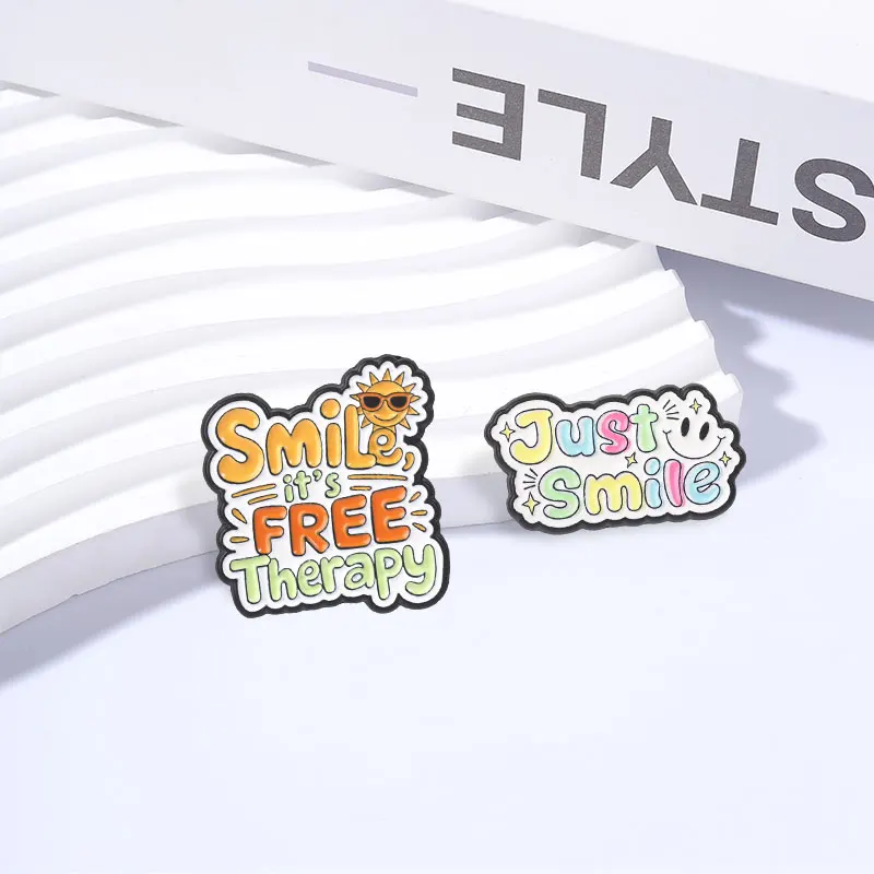 Smile It's Free Therapy & Just Smile Badge Colorful Positive Affirmation Quotes Enamel Pin Bag Lapel Badge Jewelry Friends Gifts