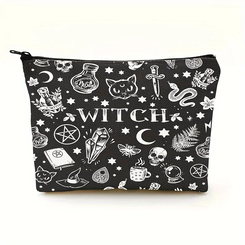 1pc Chic Skull Print Makeup Bag Linen Fabric Travel Cosmetic Pouch with Zipper And Toiletry Organizer for Women