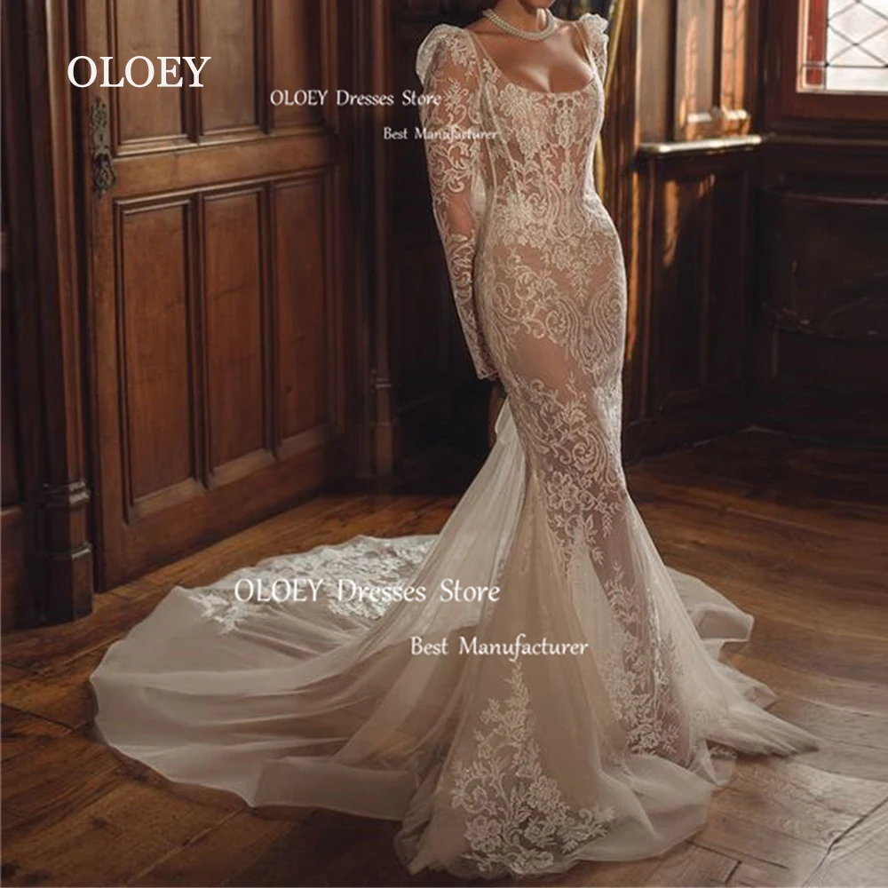 OLOEY Exquisite Lace Mermaid Wedding Dresses Square Collar Floor Length Sweep Train Bridal Gowns Long Sleeves Custom Made