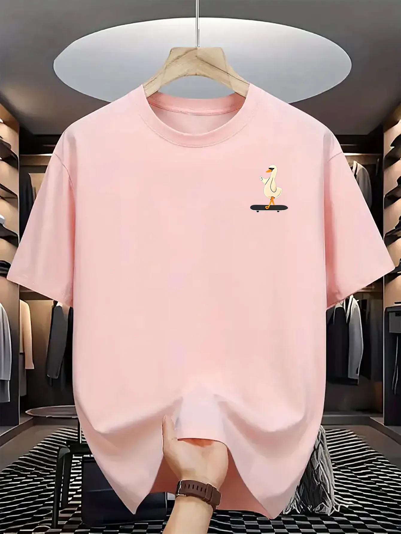 Men's Summer 100% Pure Cotton Casual Loose Skateboard Duck Print Comfortable Round Neck Short Sleeved T-Shirt Top