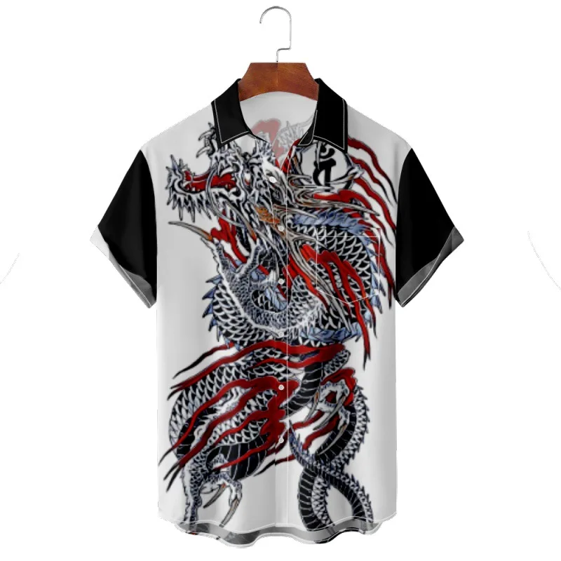 

Summer Short Sleeve Shirt Beach Shorts Dragon Printed White Men's Blouse Holiday Party Wear Casual Clothing Streetwear