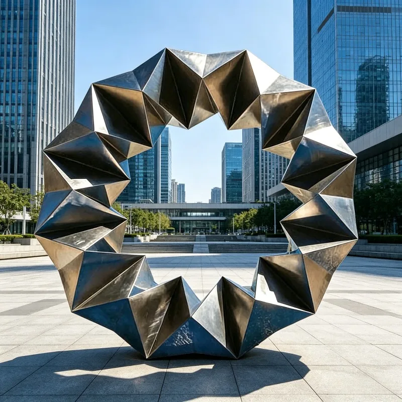 Faceted Geometric Ring Stainless Steel Sculpture Mirror Polished Custom Decor For Outdoor City Square Garden Waterside Landscape