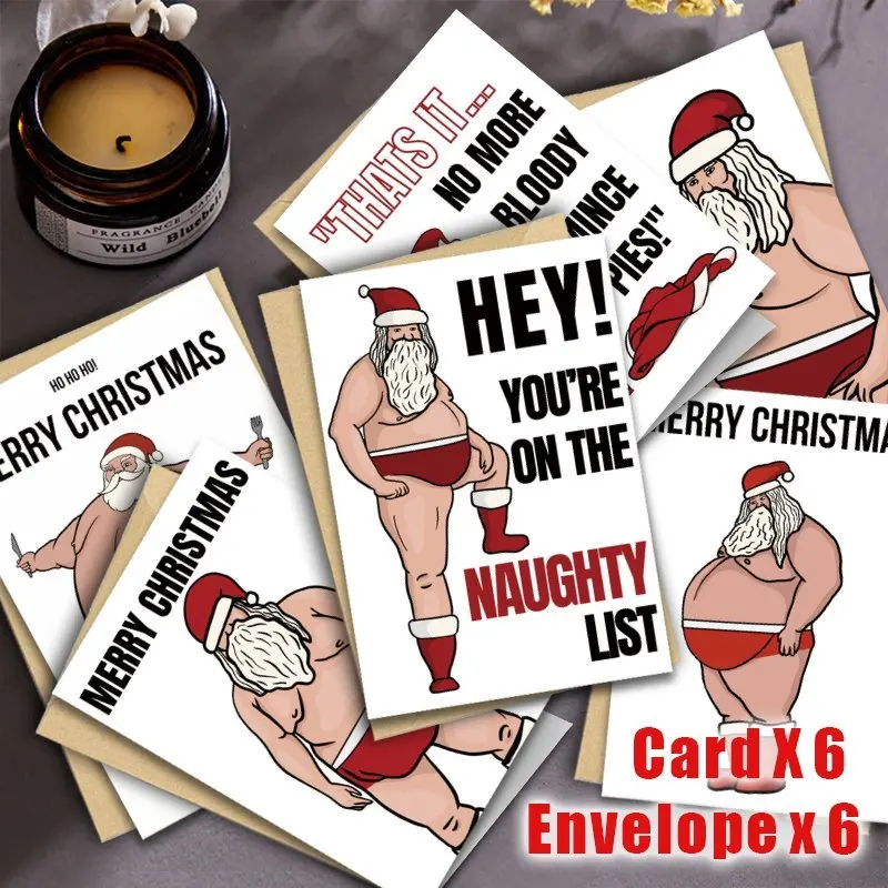 12pcs Funny Santa Claus Christmas Cards with Envelopes - Naughty Santa in Red Swim Trunks, Birthday Boy/Merry Christmas Quotes - view 2