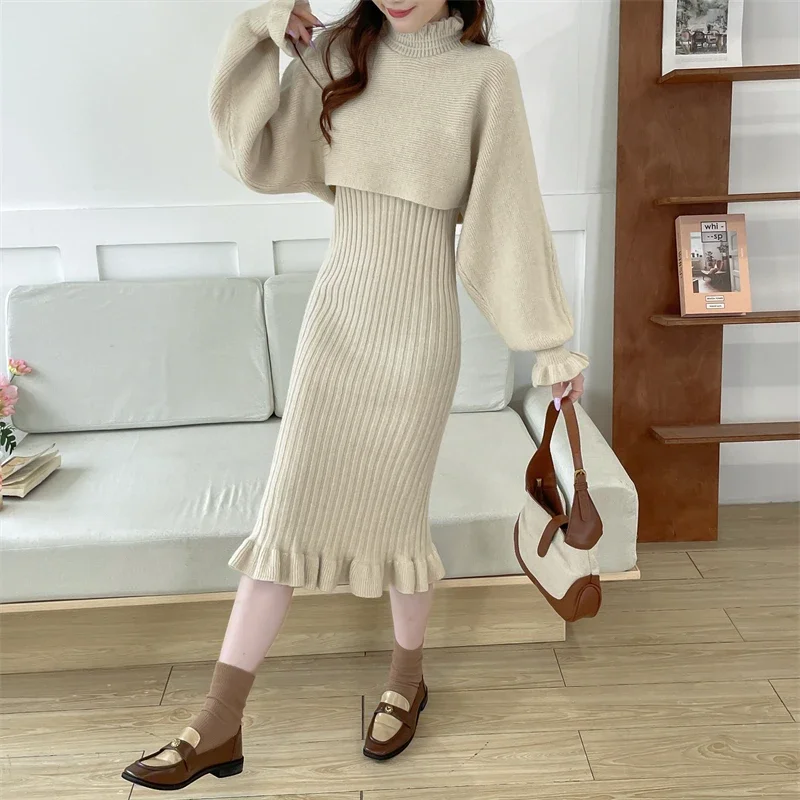 Women's Knitted 2-Piece Set Autumn Elegant V-Neck Short Sleeve Cardigan + Elastic Waist Fishtail Knitted Dress Suit Female