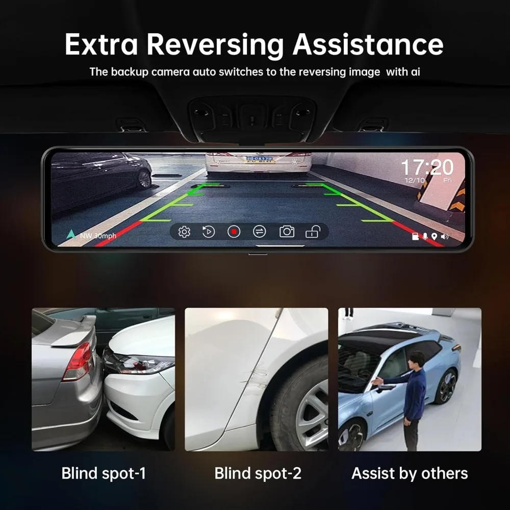 كاميرا 12 4K UHD مرآة أمامية وخلفية مع كاميرا احتياطية للتكبير، كاميرا مرآة الرؤية الخلفية المزدوجة 2160P للسيارات والشاحنات، سيارة 64 جيجابايت #6