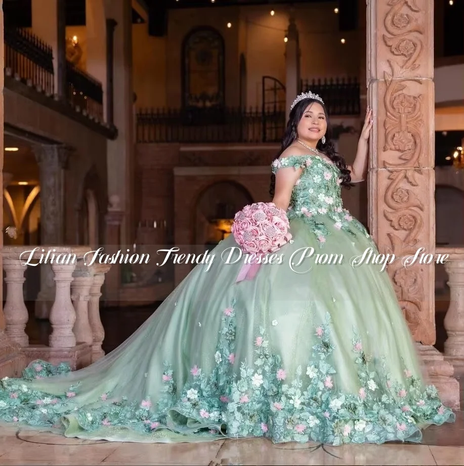 Mintgroen Prinses Quinceanera Jurken Off Schouder 3D Bloemen Applique Gezwollen Korset Aangepaste vestidos de 15 jaar quinceañeras