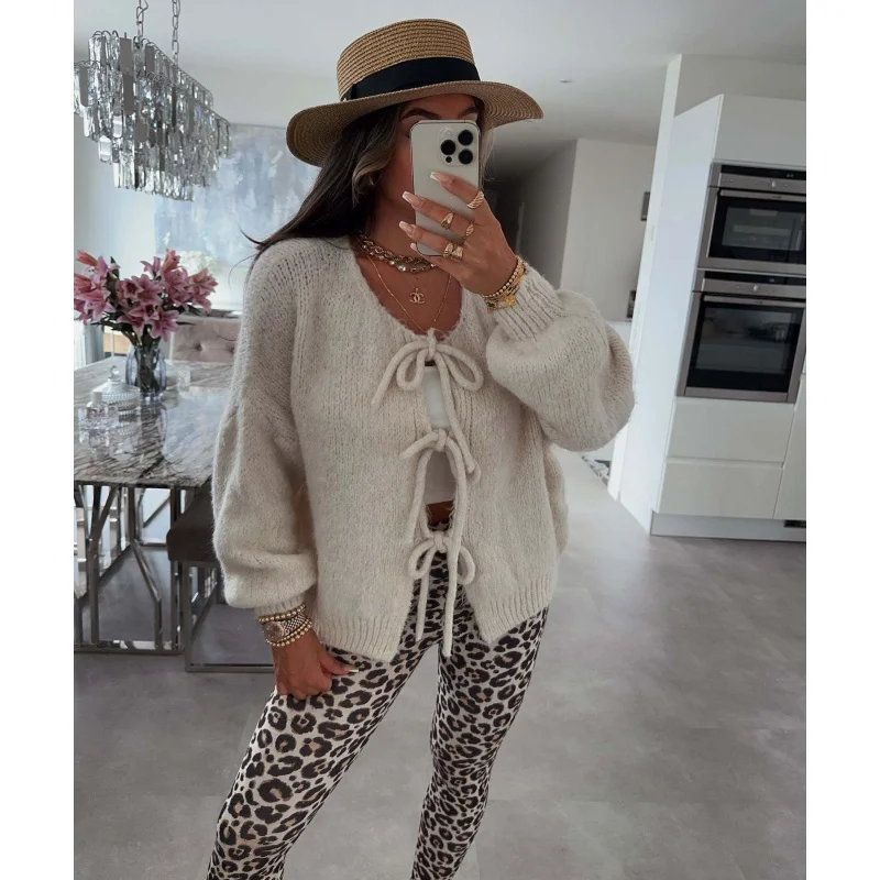 

Round Neck Lace-up Knitted Cardigan Coat 2025 European and American Autumn Winter Solid Color Commuting Simple Sweater Women