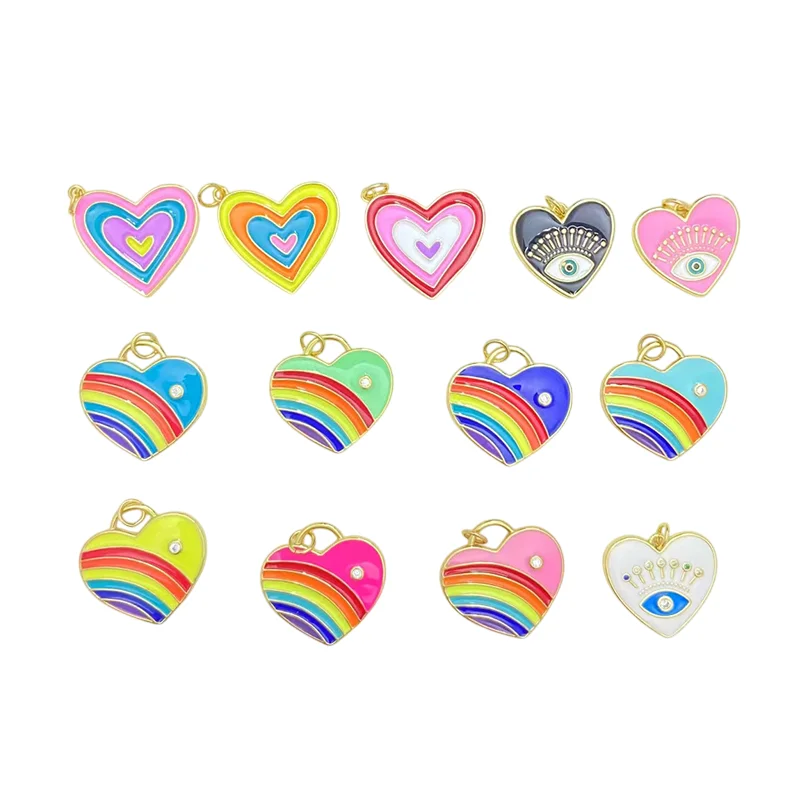 

3 Pcs Multicolor Enamel Rainbow Heart Pendant Diy Bracelet Necklace Making Copper Plated Devil Eye Jewelry Accessories for Women