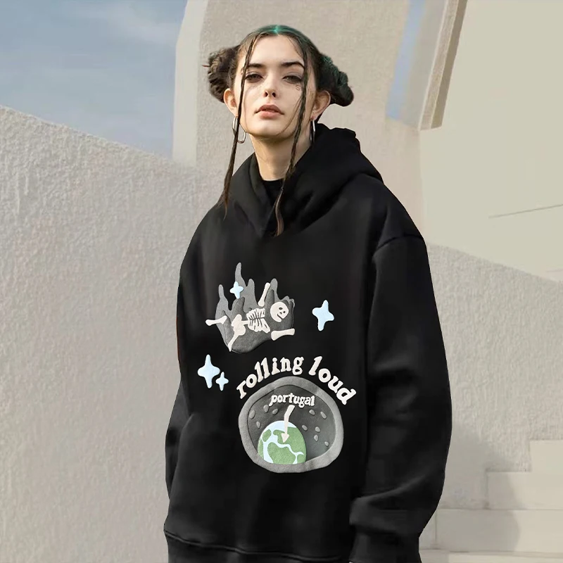 European and American Street Vintage Black Hooded Pullover Sweatshirts Mens Cotton Hoodies Rolling Cloud Skull Foam Printing