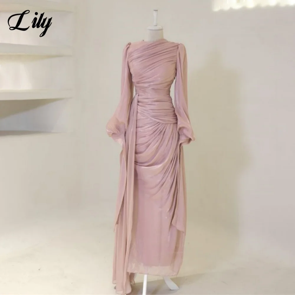 فستان سهرة من الساتان والحرير المتواضع من Lily برقبة دائرية قفطان مغربي وأكمام طويلة للحفلات الراقصة ثنيات حورية البحر فستان دبي مخصص