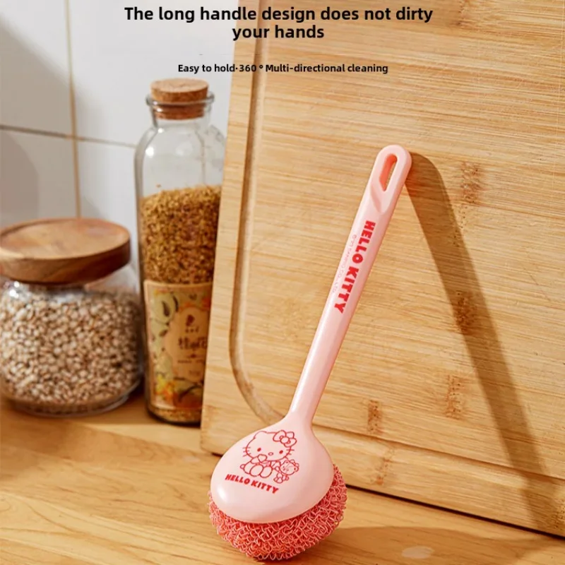 Sanrio Hello Kitty Kitchen Long Handle Pot Brush Cartoon Does Not Hurt Pot Decontamination Steel Wire Ball Dishwashing Brush