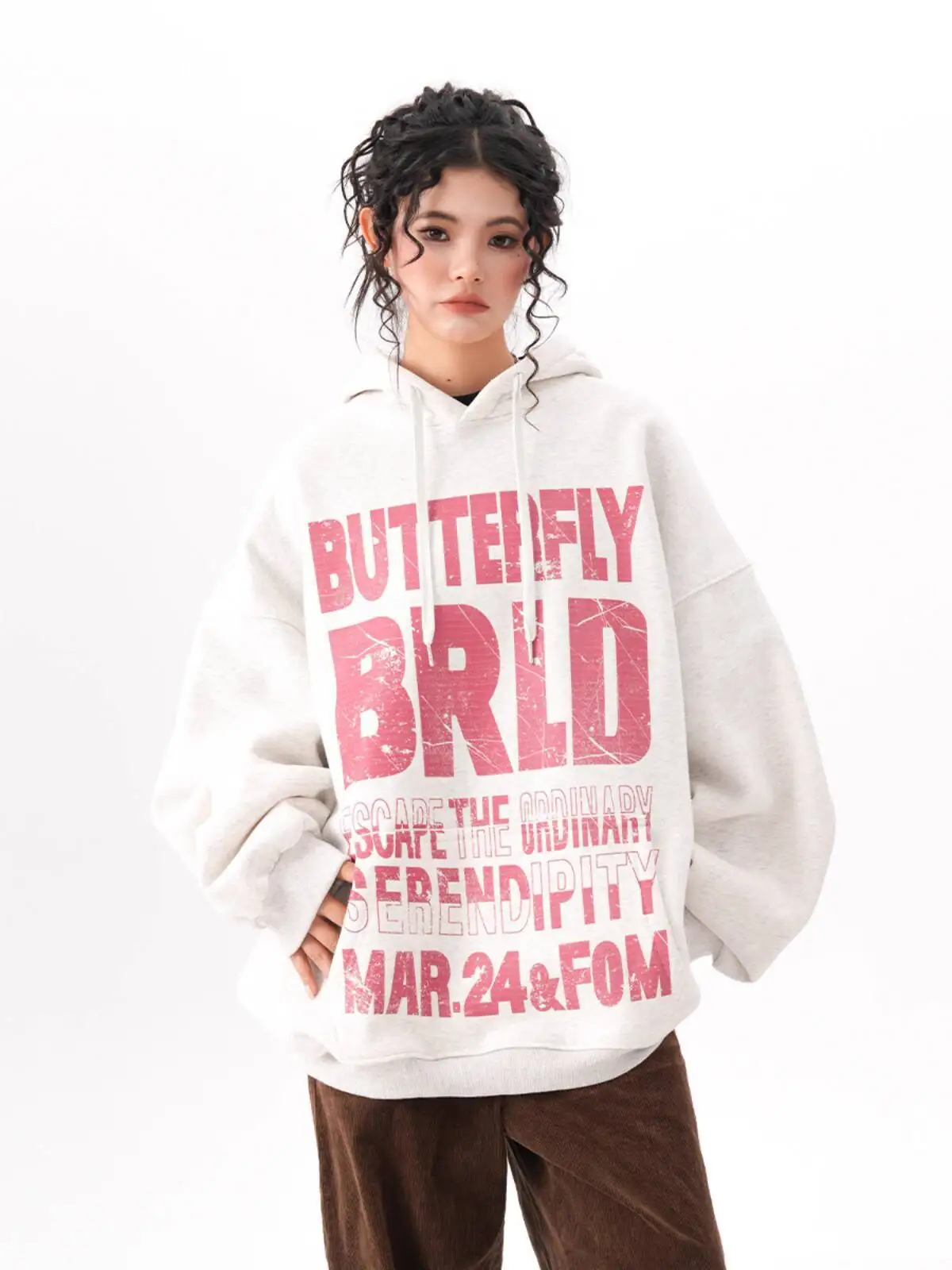 2025 Autumn New! BWKA Women's American Retro Hoodie  Distressed Letter Print  Heavyweight Streetwear  Loose Navy Blue