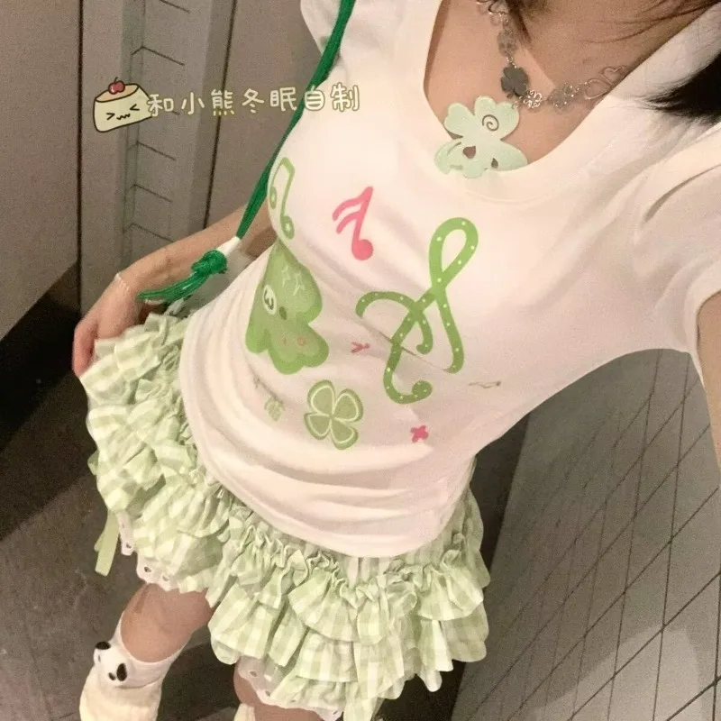 Japanese Sweet Cute Female Student Fresh Summer New Chic Y2k Daily Slim Fit Short Sleeved Top+shorts Set Kawaii Two Piece Sets