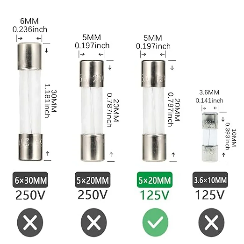 AUKENIEN 12 valori 120 pezzi Fusibili 125 V da 1 A A 20 A Max 5x20 mm Kit assortimento di fusibili in vetro ad azione rapida da 125 Volt