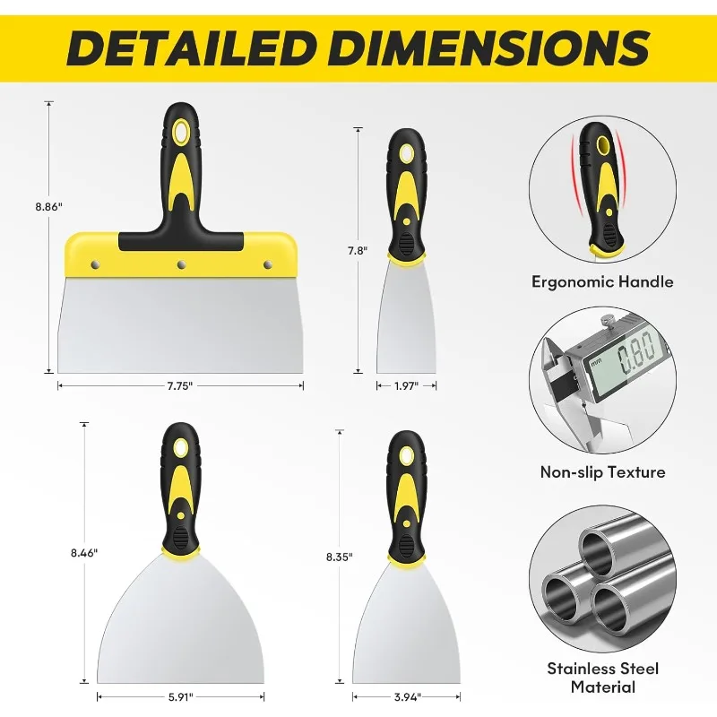 Putty Knife Set, 4PCS Stainless Steel Scraper Paint Tool for Drywall Repair, Wallpaper Removal and Plaster Scraping(2,4,6,8in)