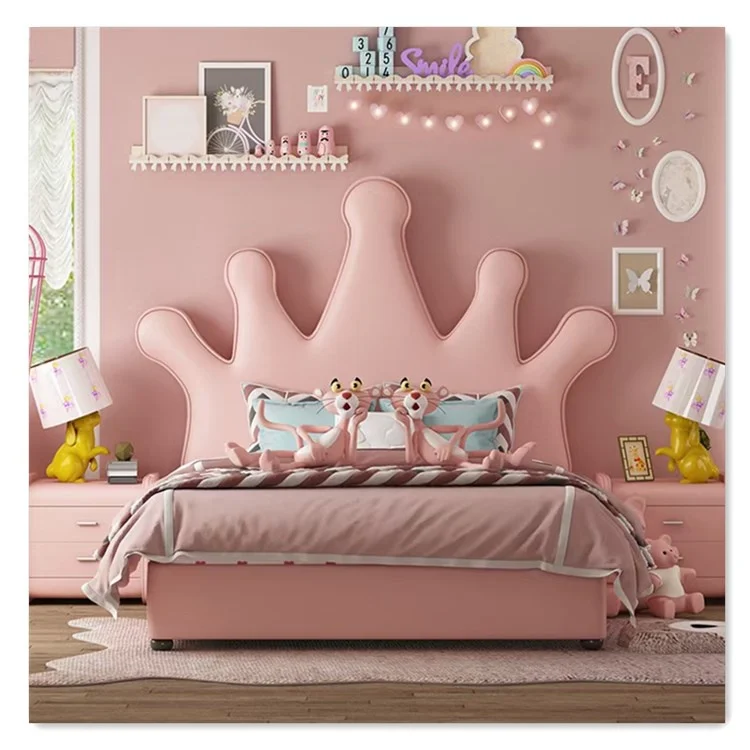 Modern Single Bed Wooden Frame Leather Headboard Cute pink Color Children's Bed Princess Design Furniture Kids Bed for Bedroom