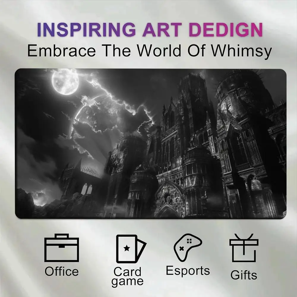 Black White Dark Fantasy Gothic Castle Moon & Lightning Gaming Mouse Pad Large Extended Desk Pad Non-Slip Table Mat for Decor