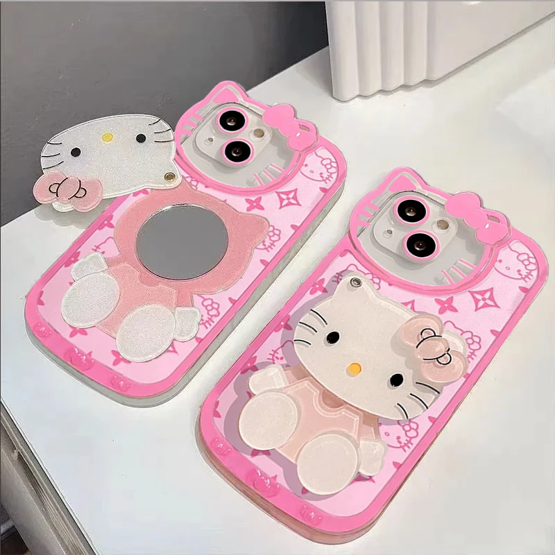 Funda de teléfono con espejo de maquillaje de dibujos animados HelloKitty, Linda funda Rosa KT para IPhone 11, 12, 13, 14, 15 Pro Max, XS, X, XR, 7, 8, 15 Plus, Y2k Girl