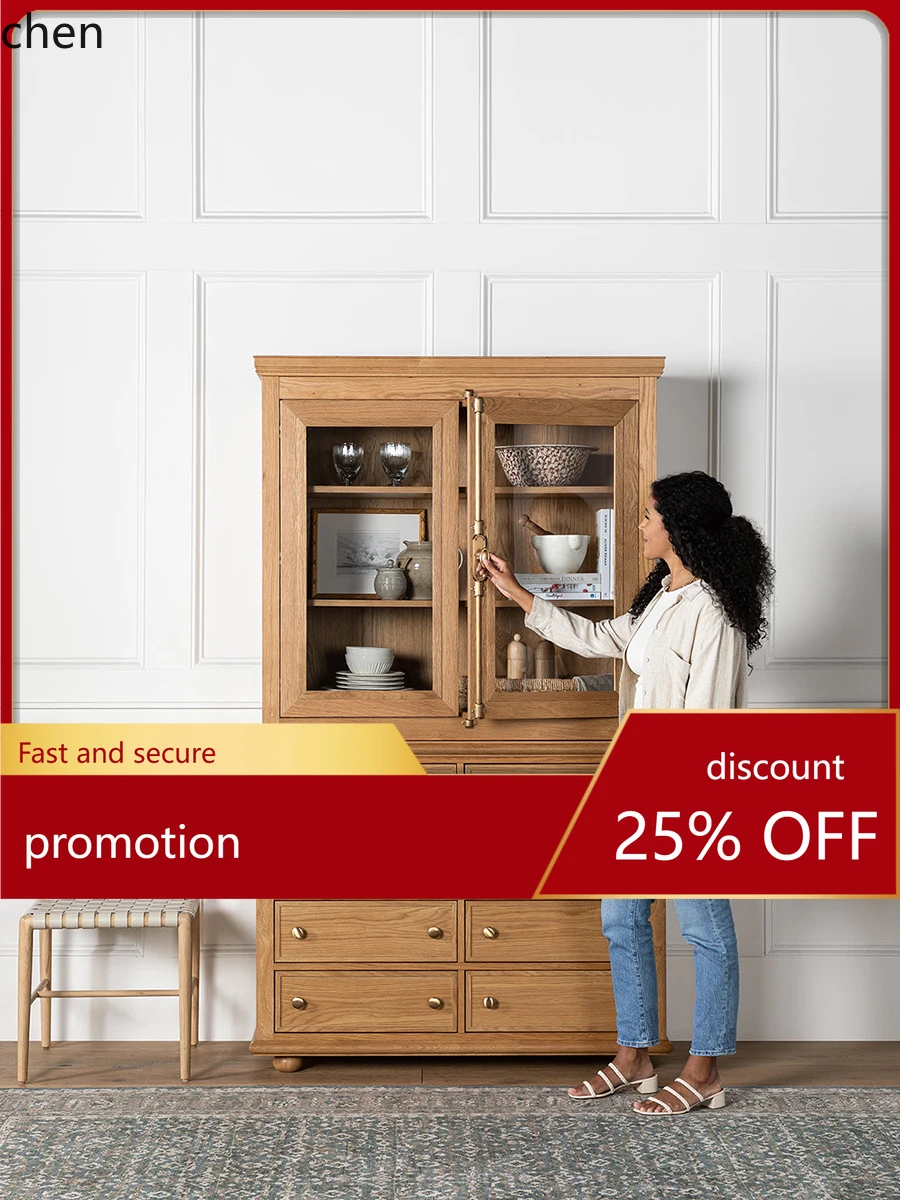 

HT Retro Solid Wood Sideboard Vintage Style Wine Cabinet Restaurant Wall-Mounted Integrated Storage Oak Display Cabinet