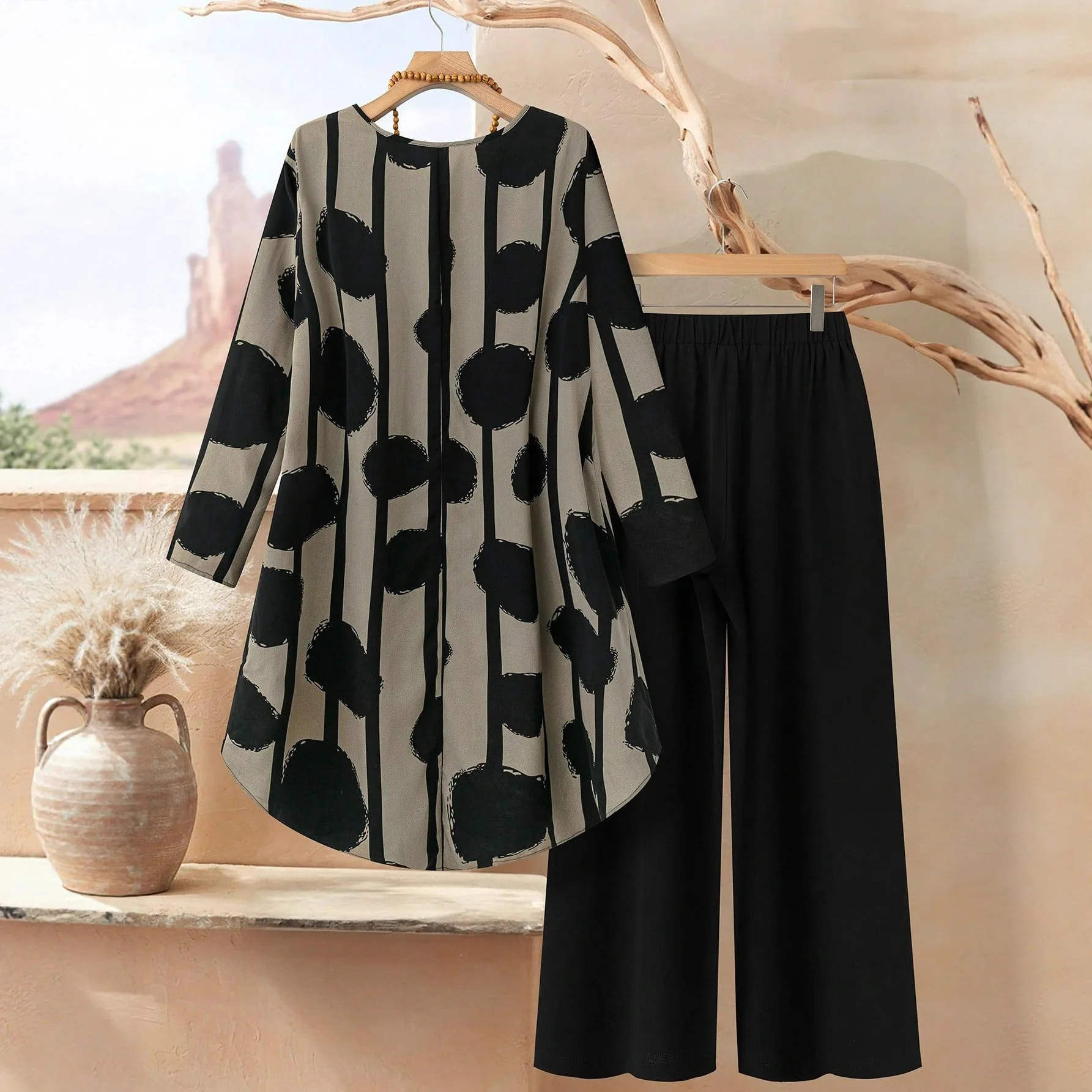 Женский комплект 2025 года с принтом в горошек, элегантный повседневный свободный топ с длинными рукавами и брюки с принтом, комплект из двух предметов